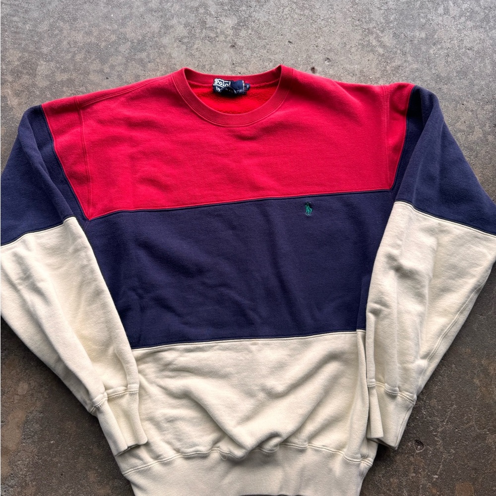 90s Ralph Lauren Men’s Colorblock Crewneck Sweater - Red/Navy/Cream